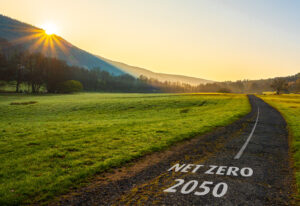 Morning light on a green path towards net-zero 2050, climate action concept.