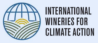 International Wineries for Climate Action logo- a globe with vineyard rows blue logo